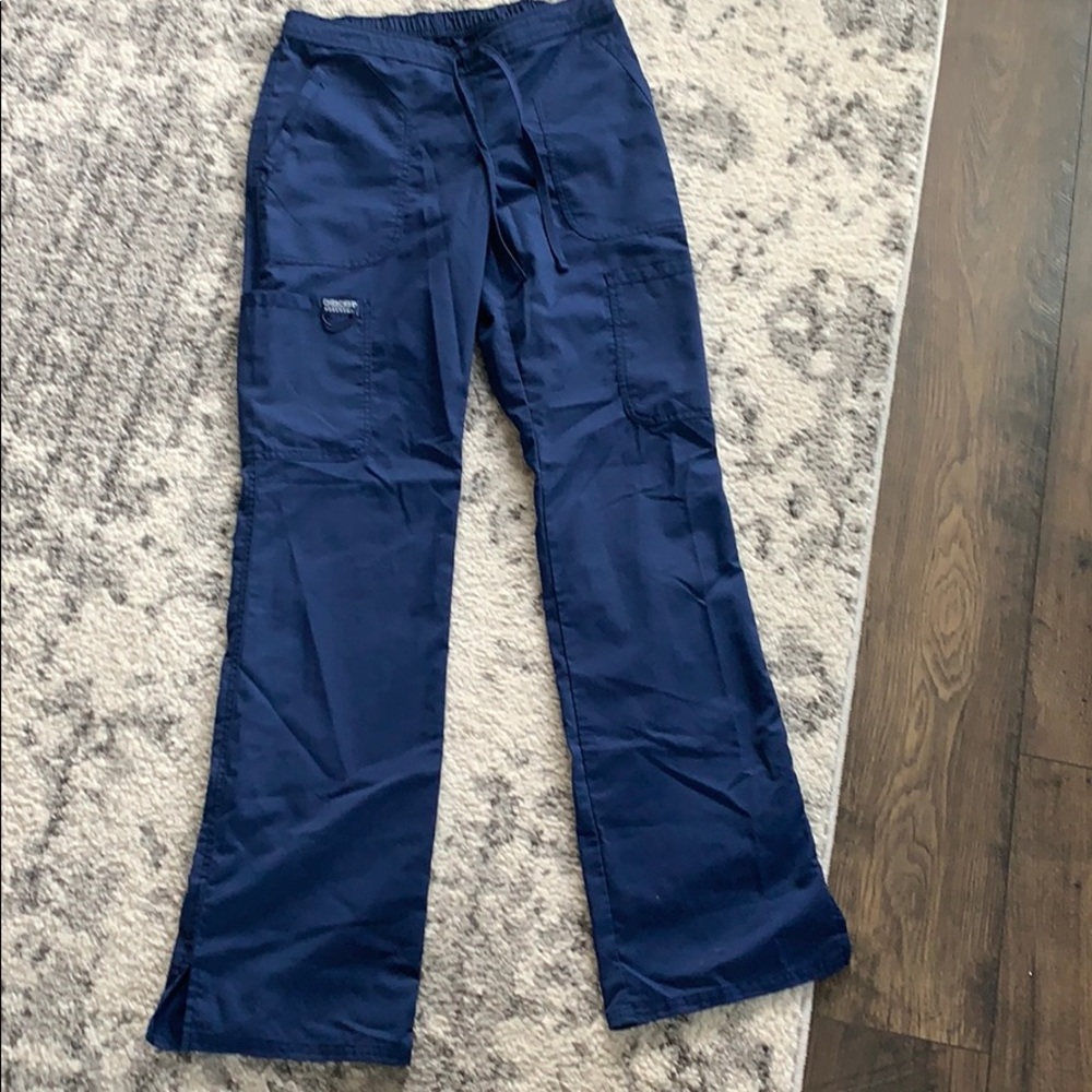 Navy blue scrub bottoms.